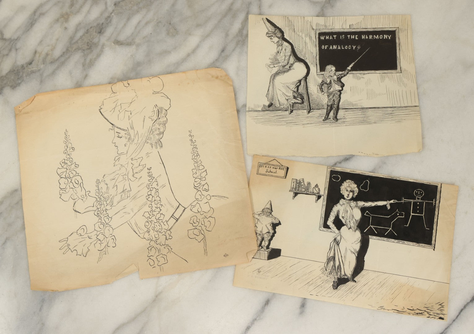 Lot 090 - Grouping Of Three Original Pen And Ink Illustrations Including Art School Room Scenes, Drawing Of Woman With Flowers, With Signature