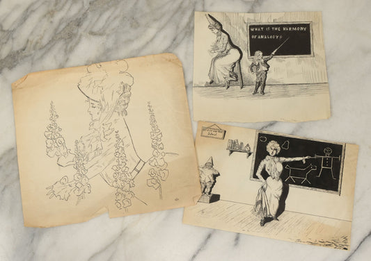 Lot 090 - Grouping Of Three Original Pen And Ink Illustrations Including Art School Room Scenes, Drawing Of Woman With Flowers, With Signature