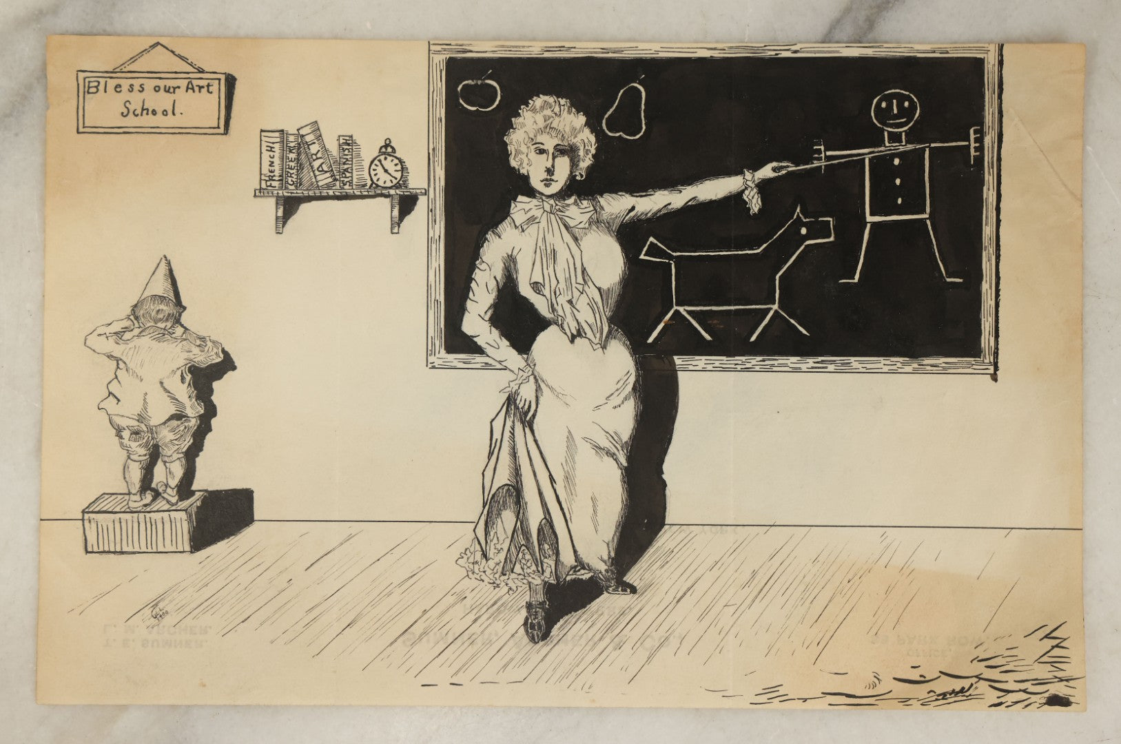 Lot 090 - Grouping Of Three Original Pen And Ink Illustrations Including Art School Room Scenes, Drawing Of Woman With Flowers, With Signature