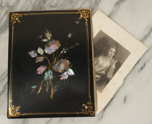 Lot 091 - Antique Portfolio With Mother Of Pearl Accents On Cover Containing 13 Antique Engravings Of Beautiful Women In Various Scenes