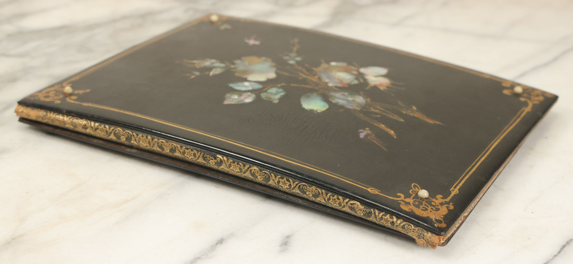 Lot 091 - Antique Portfolio With Mother Of Pearl Accents On Cover Containing 13 Antique Engravings Of Beautiful Women In Various Scenes