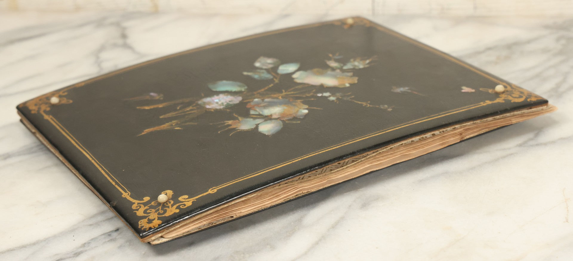 Lot 091 - Antique Portfolio With Mother Of Pearl Accents On Cover Containing 13 Antique Engravings Of Beautiful Women In Various Scenes