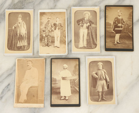 Lot 093 - Grouping Of Seven Antique Carte De Visite C.D.V. Photographs Of Men In Elaborate Costumes, Likely Stage Actors, Including Photos By C. Clemente, Possible French Origin