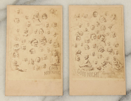 Lot 095 - Pair Of Antique Illustrated Carte De Visite C.D.V. Album Filler Cards With Babies, "Good Night" And "Good Morning," After Joshua Smith, Circa 1880