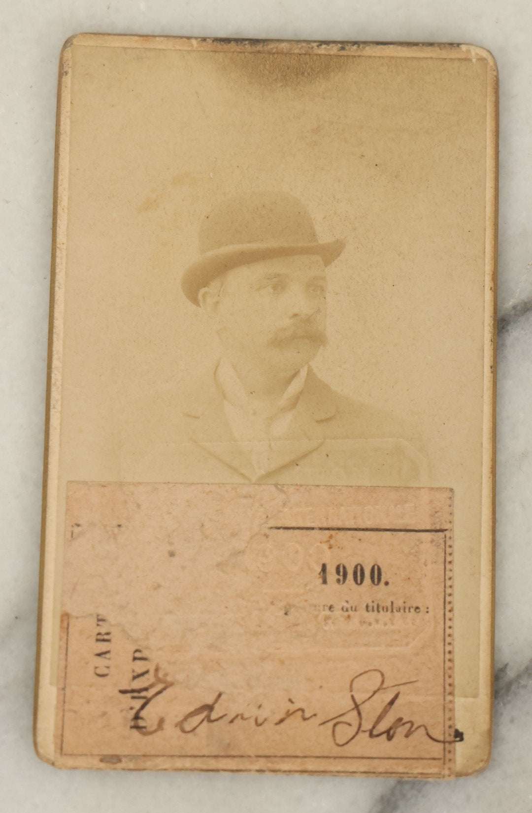 Lot 096 - Antique French Carte De Visite C.D.V. Photograph And Exhibitor Card For The International Universal Exhibition Of 1900, For Mr. Edssin Stone