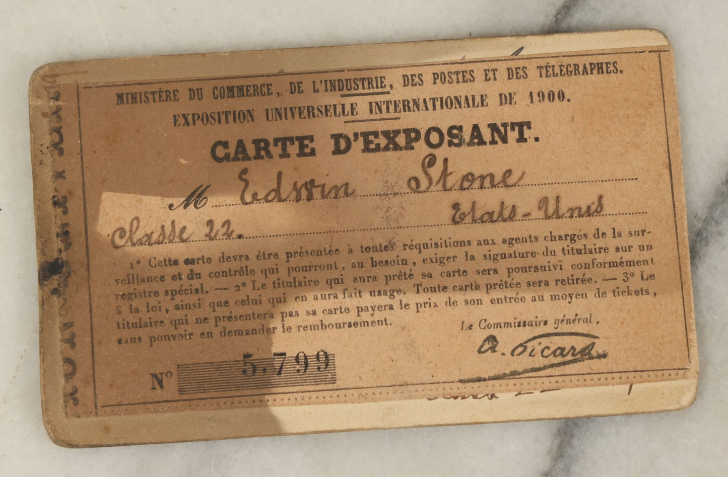 Lot 096 - Antique French Carte De Visite C.D.V. Photograph And Exhibitor Card For The International Universal Exhibition Of 1900, For Mr. Edssin Stone