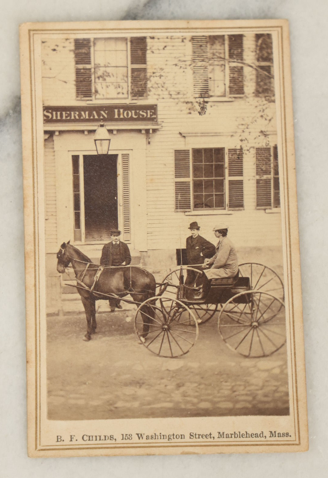 Lot 098 - Antique Carte De Visite C.D.V. Photograph Of A Horse Drawn Carriage And Three Men Outside The Sherman House, B.F. Childs Photographer, Marblehead, Massachusetts