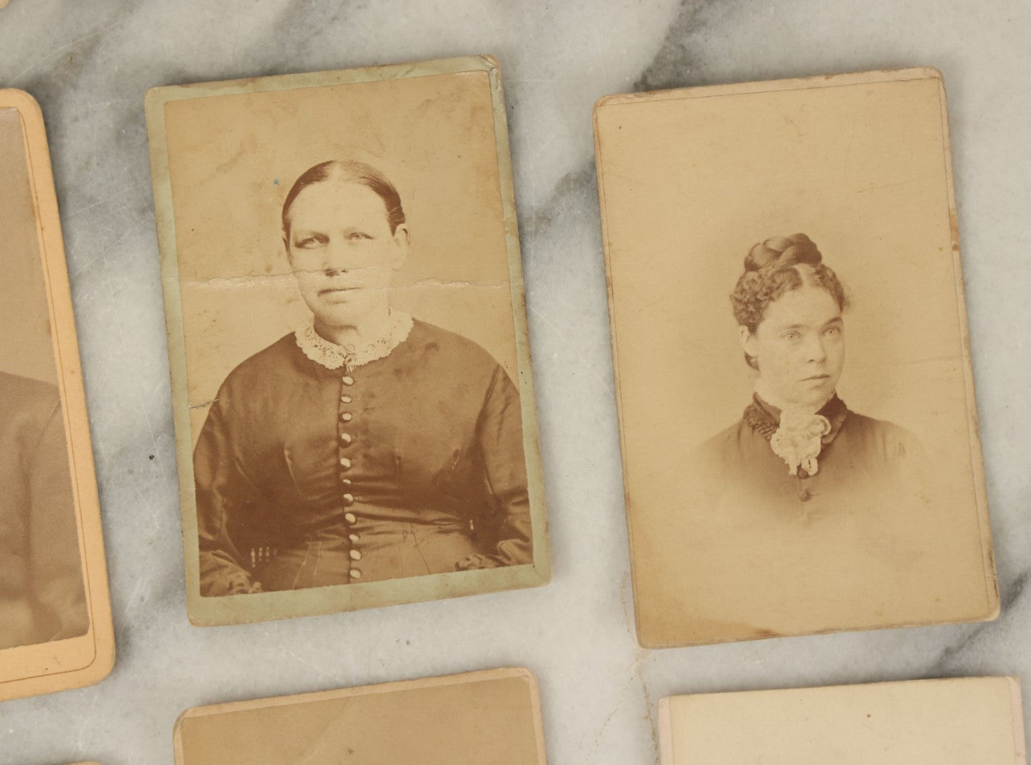 Lot 099 - Grouping Of Antique 15 Carte De Visite C.D.V. Photographs Of Men, Women, And Children, Including Woman With Cross, Man With Large Mustached, Seated Child, And Others