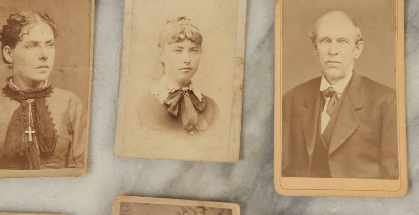 Lot 099 - Grouping Of Antique 15 Carte De Visite C.D.V. Photographs Of Men, Women, And Children, Including Woman With Cross, Man With Large Mustached, Seated Child, And Others