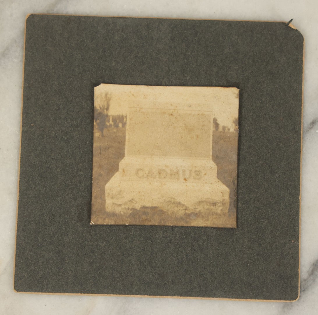 Lot 107 - Small Boarded Antique Photograph Of A Gravestone, Cadmus