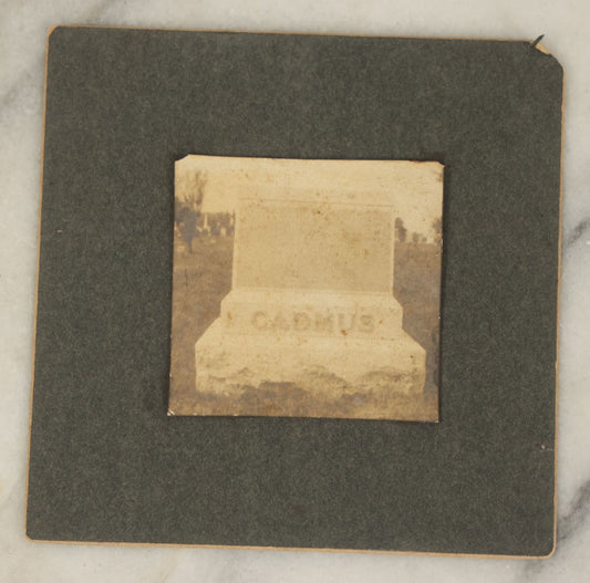 Lot 107 - Small Boarded Antique Photograph Of A Gravestone, Cadmus