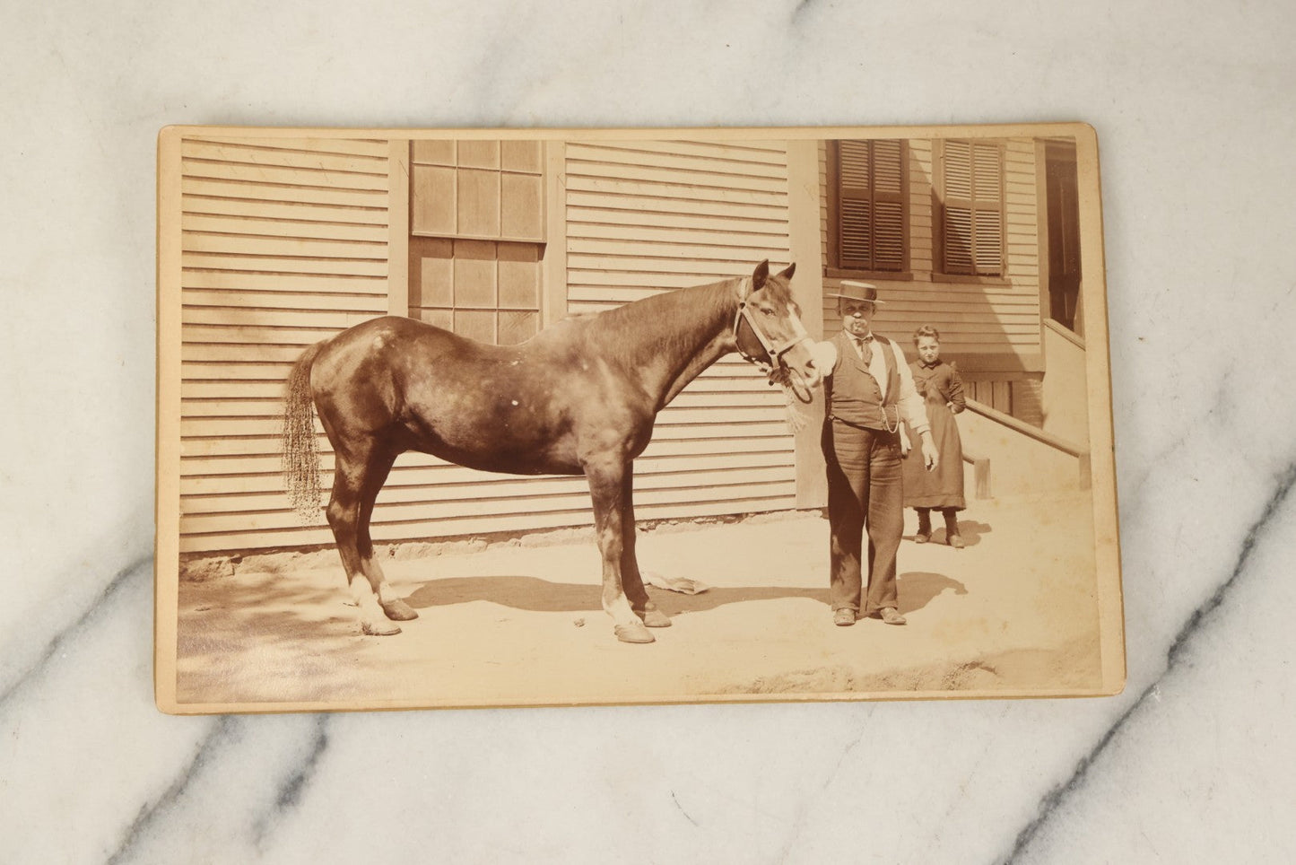 Lot 114 - Grouping Of Four Large Sized Cabinet Card Photographs Of Billy The Horse And His Handler, Ellinwood Photo, Manchester, New Hampshire