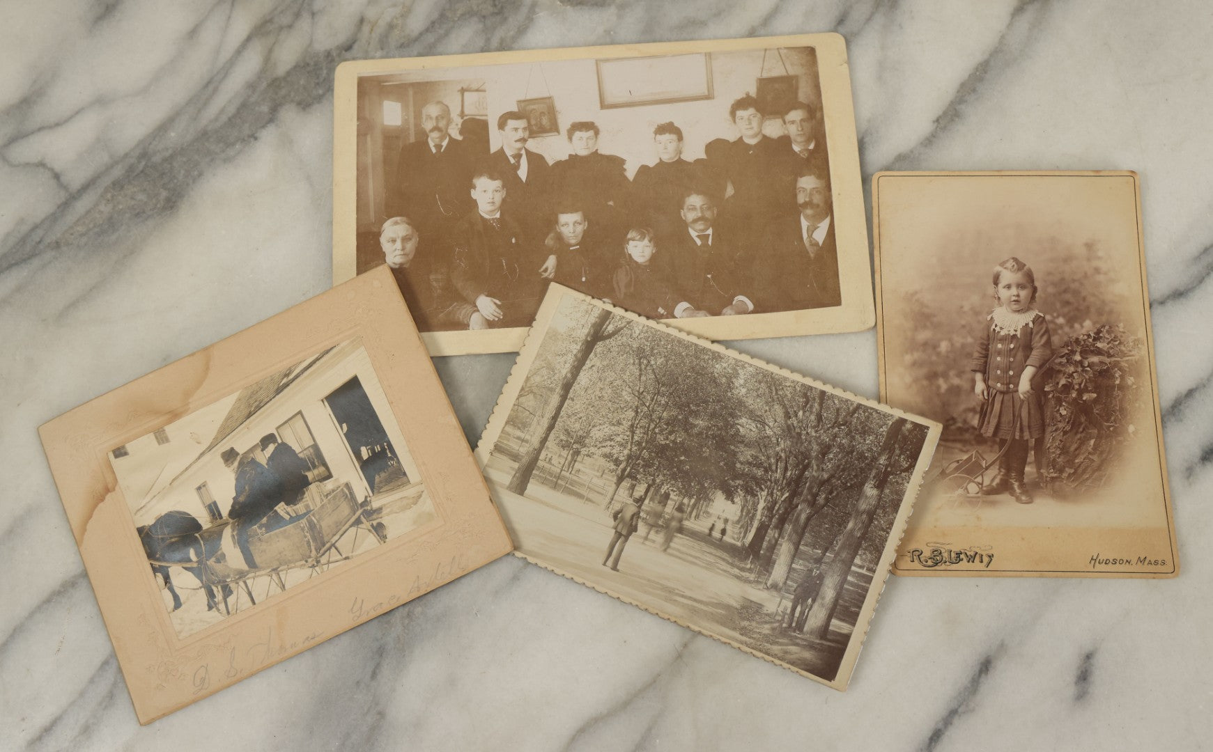 Lot 118 - Grouping Of Four Antique Photographs Including A Large Interior Photo Of People All Dressed In Black, A Cabinet Card Of A Park, Possibly Boston Common, A Child With A Cart, And A Horse Drawn Sleigh
