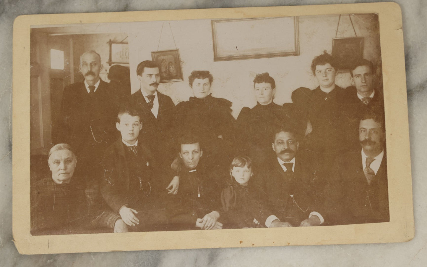 Lot 118 - Grouping Of Four Antique Photographs Including A Large Interior Photo Of People All Dressed In Black, A Cabinet Card Of A Park, Possibly Boston Common, A Child With A Cart, And A Horse Drawn Sleigh