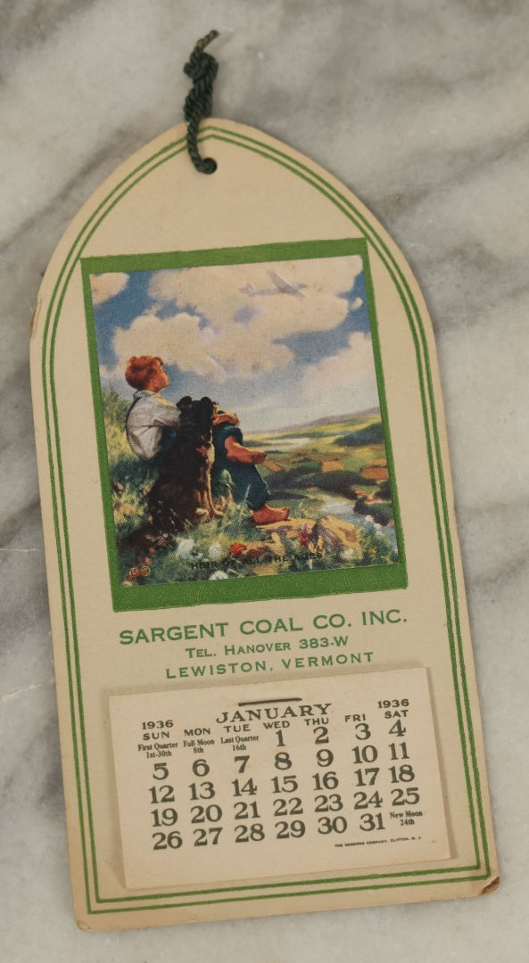 Lot 120 - Grouping Of Six Pieces Of Vintage And Antique Ephemera Including Wooden Postcards, Fair Skies Booklet, Advertising Calendar, And More