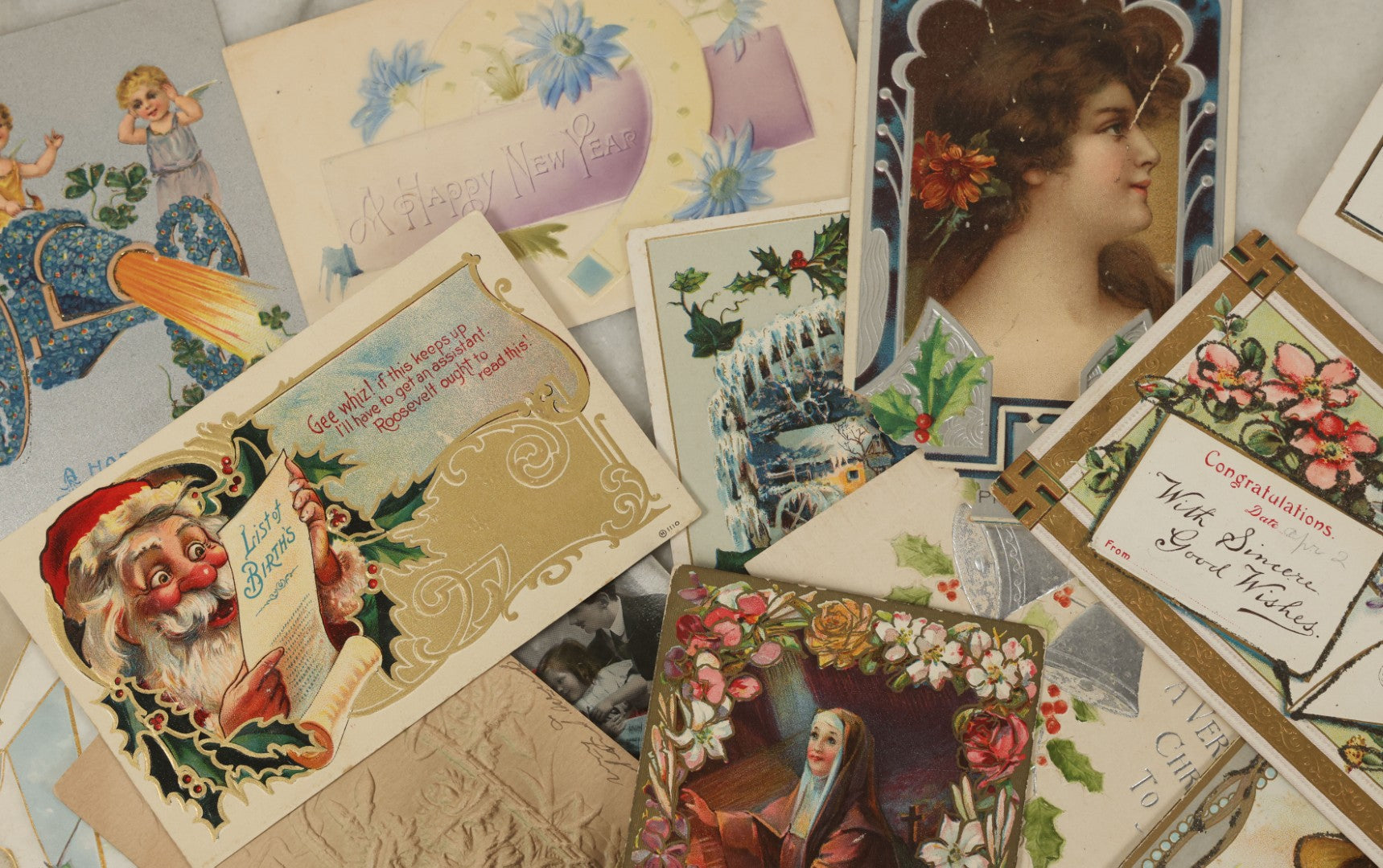 Lot 121 - Grouping Of 15+ Vintage And Antique Postcards, Mostly Holiday And Christmas, Including Santa Card, Card With Whirling Logs, Others