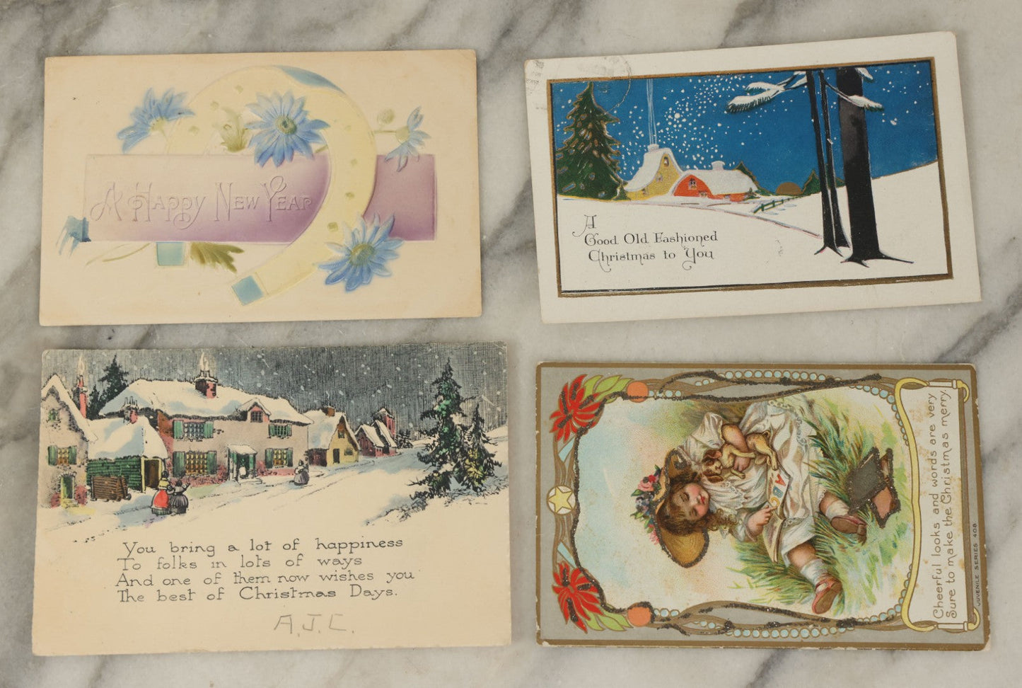 Lot 121 - Grouping Of 15+ Vintage And Antique Postcards, Mostly Holiday And Christmas, Including Santa Card, Card With Whirling Logs, Others
