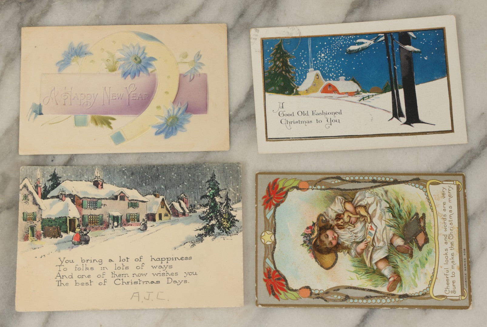 Lot 121 - Grouping Of 15+ Vintage And Antique Postcards, Mostly Holiday And Christmas, Including Santa Card, Card With Whirling Logs, Others