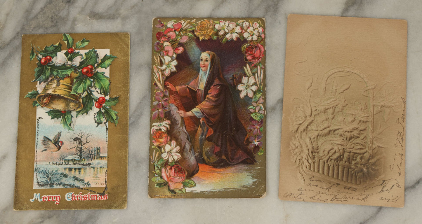 Lot 121 - Grouping Of 15+ Vintage And Antique Postcards, Mostly Holiday And Christmas, Including Santa Card, Card With Whirling Logs, Others