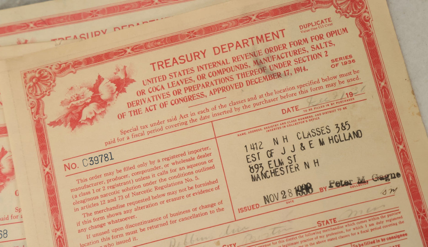 Lot 125 - Grouping Of Five Vintage Opium Order Forms From The United States Treasury Department, Internal Revenue Service, Circa 1930s