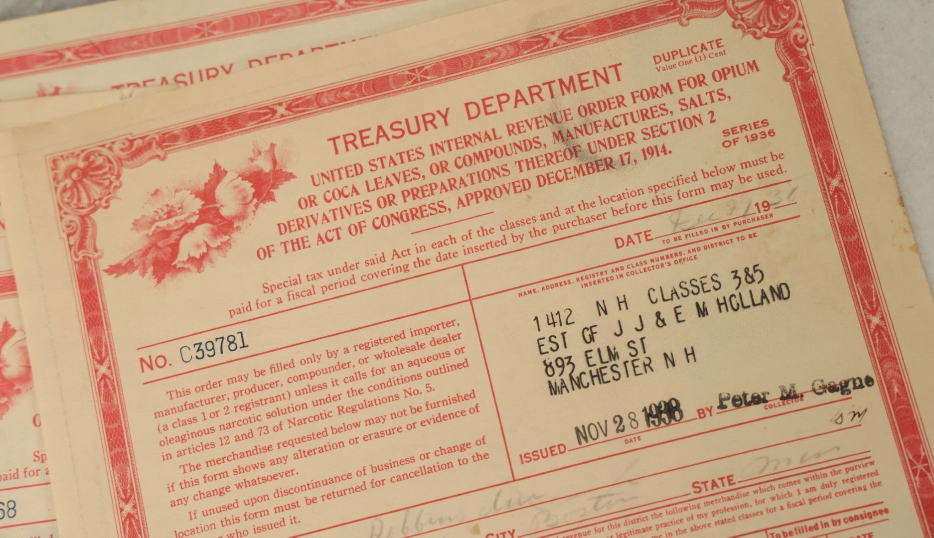 Lot 125 - Grouping Of Five Vintage Opium Order Forms From The United States Treasury Department, Internal Revenue Service, Circa 1930s