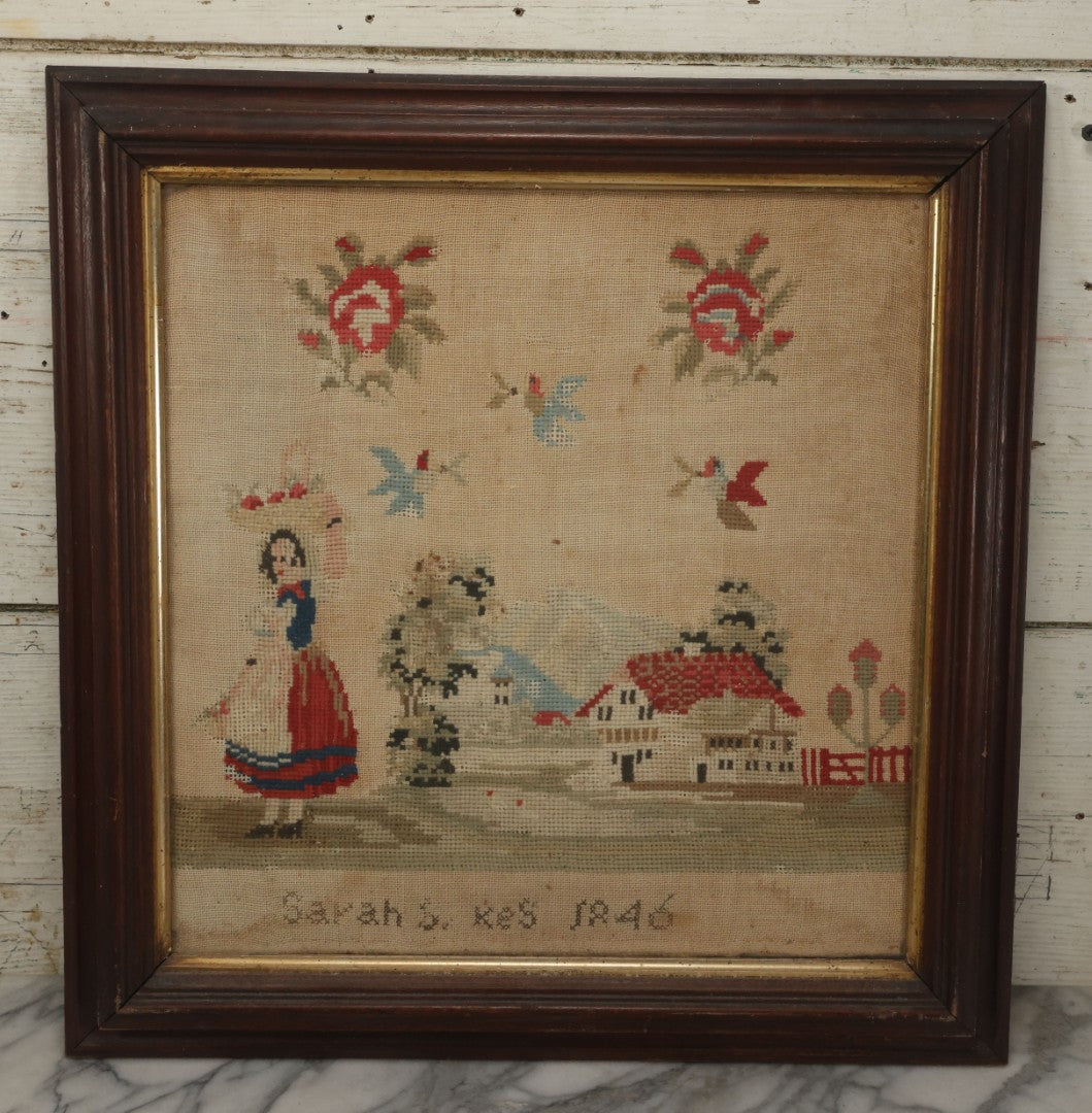 Lot 001 - Antique Mid-19th Century Needlepoint Sampler Of A Girl In A Country Setting, Signed Sarah Sykes (Pictured In Lot 002), 1846, 19-1/2" x 20"