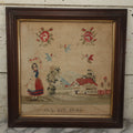 Lot 001 - Antique Mid-19th Century Needlepoint Sampler Of A Girl In A Country Setting, Signed Sarah Sykes (Pictured In Lot 002), 1846, 19-1/2" x 20"