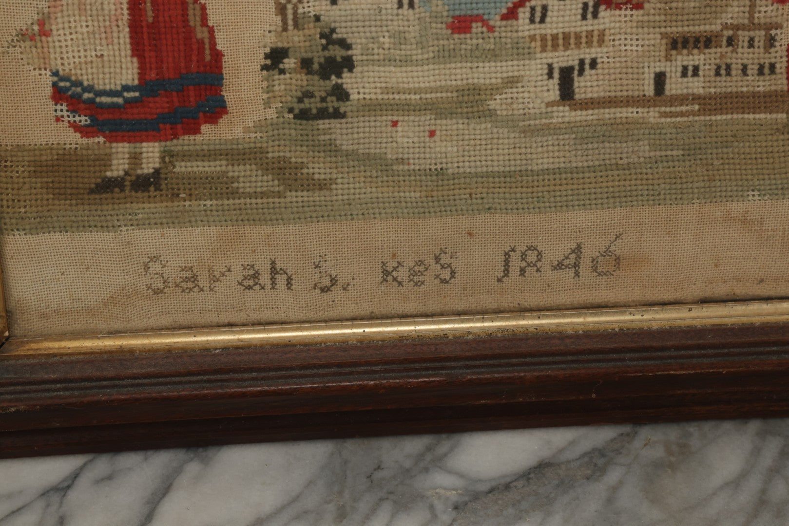 Lot 001 - Antique Mid-19th Century Needlepoint Sampler Of A Girl In A Country Setting, Signed Sarah Sykes (Pictured In Lot 002), 1846, 19-1/2" x 20"