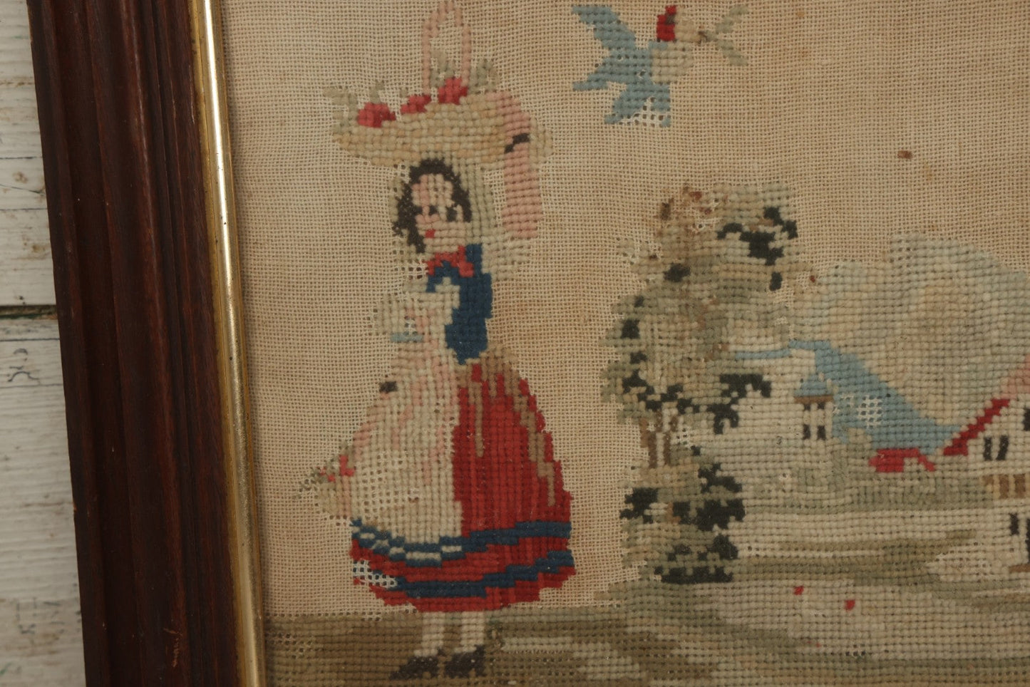 Lot 001 - Antique Mid-19th Century Needlepoint Sampler Of A Girl In A Country Setting, Signed Sarah Sykes (Pictured In Lot 002), 1846, 19-1/2" x 20"