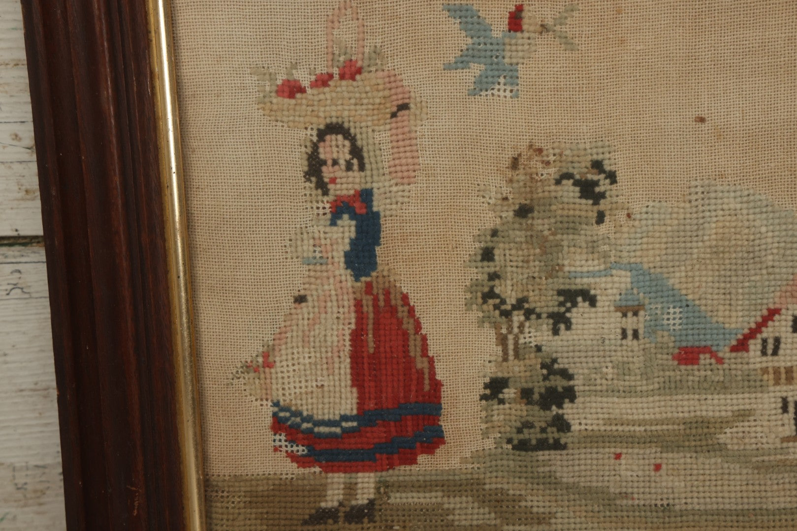 Lot 001 - Antique Mid-19th Century Needlepoint Sampler Of A Girl In A Country Setting, Signed Sarah Sykes (Pictured In Lot 002), 1846, 19-1/2" x 20"