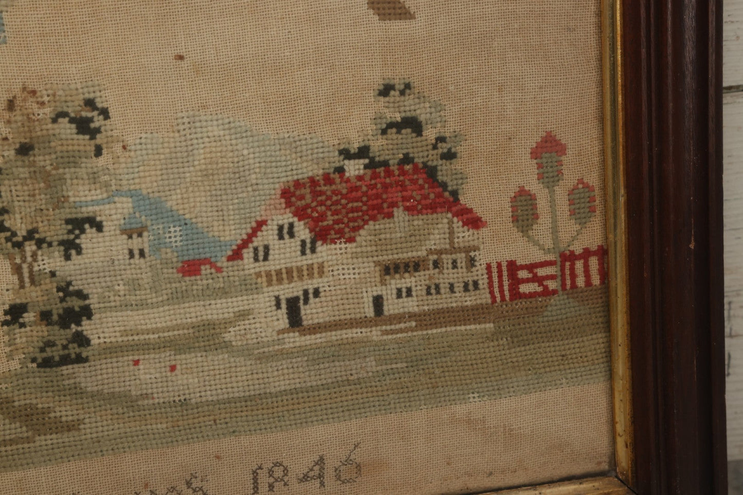 Lot 001 - Antique Mid-19th Century Needlepoint Sampler Of A Girl In A Country Setting, Signed Sarah Sykes (Pictured In Lot 002), 1846, 19-1/2" x 20"