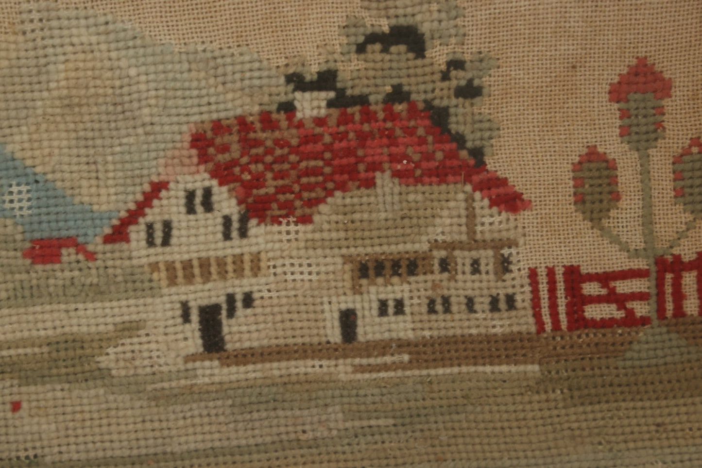 Lot 001 - Antique Mid-19th Century Needlepoint Sampler Of A Girl In A Country Setting, Signed Sarah Sykes (Pictured In Lot 002), 1846, 19-1/2" x 20"