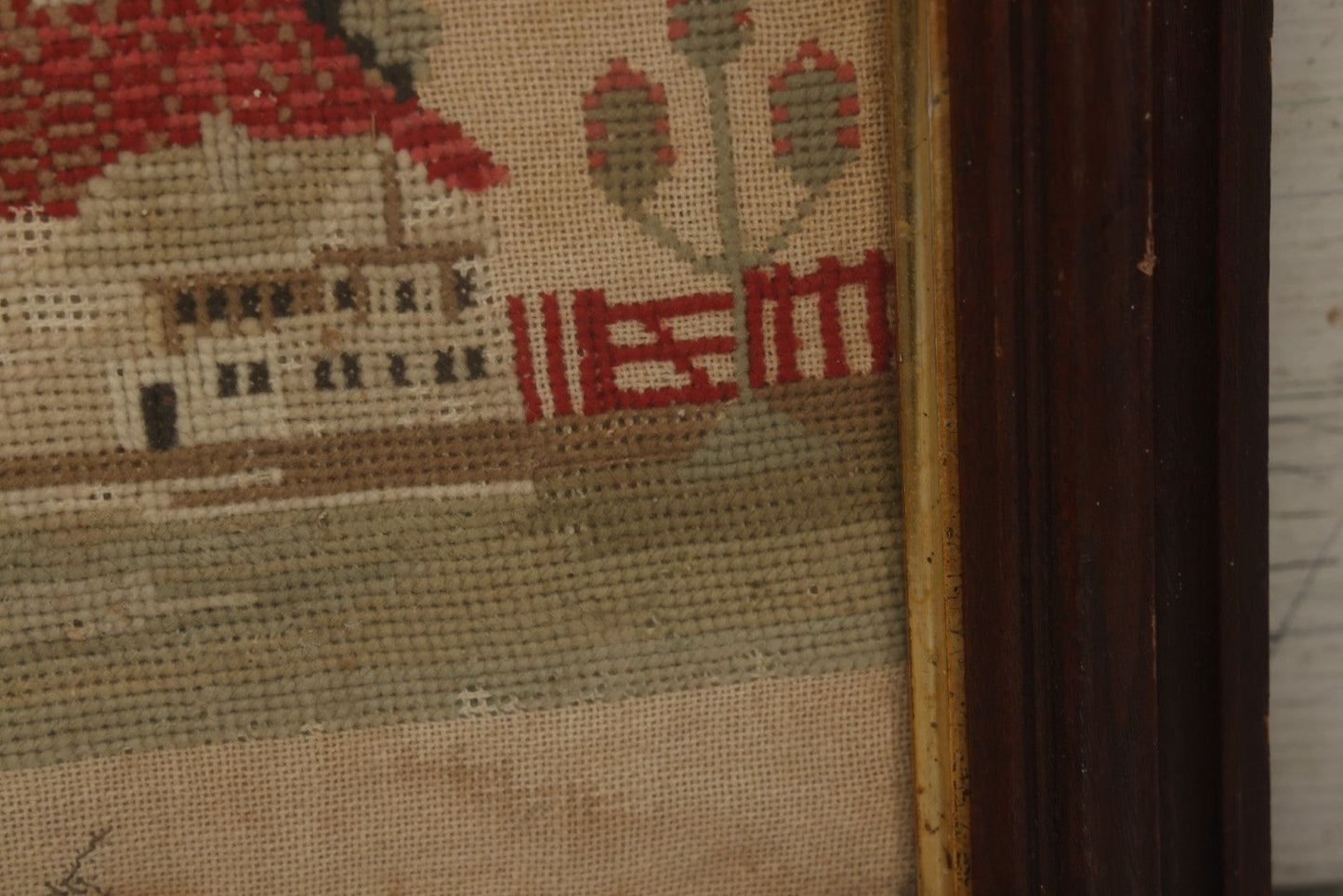 Lot 001 - Antique Mid-19th Century Needlepoint Sampler Of A Girl In A Country Setting, Signed Sarah Sykes (Pictured In Lot 002), 1846, 19-1/2" x 20"