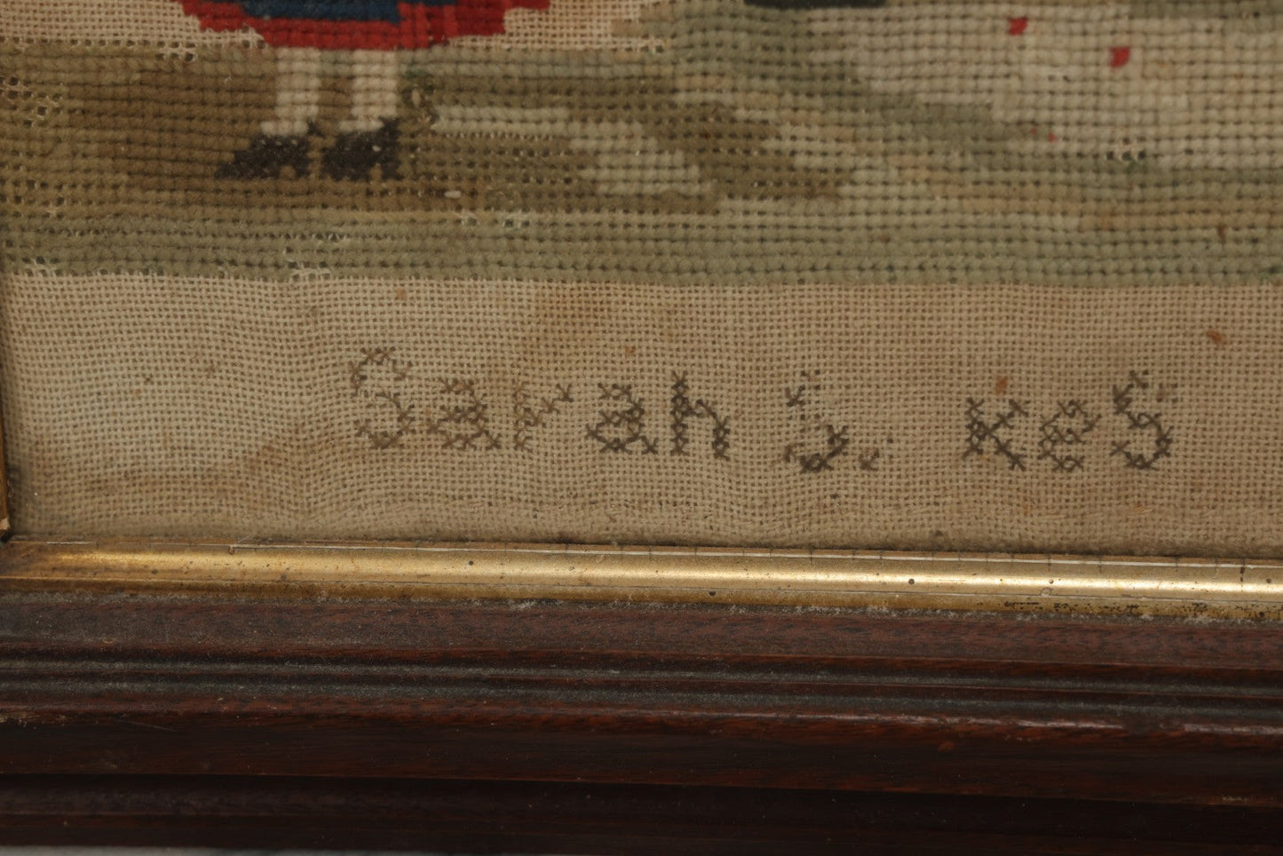Lot 001 - Antique Mid-19th Century Needlepoint Sampler Of A Girl In A Country Setting, Signed Sarah Sykes (Pictured In Lot 002), 1846, 19-1/2" x 20"