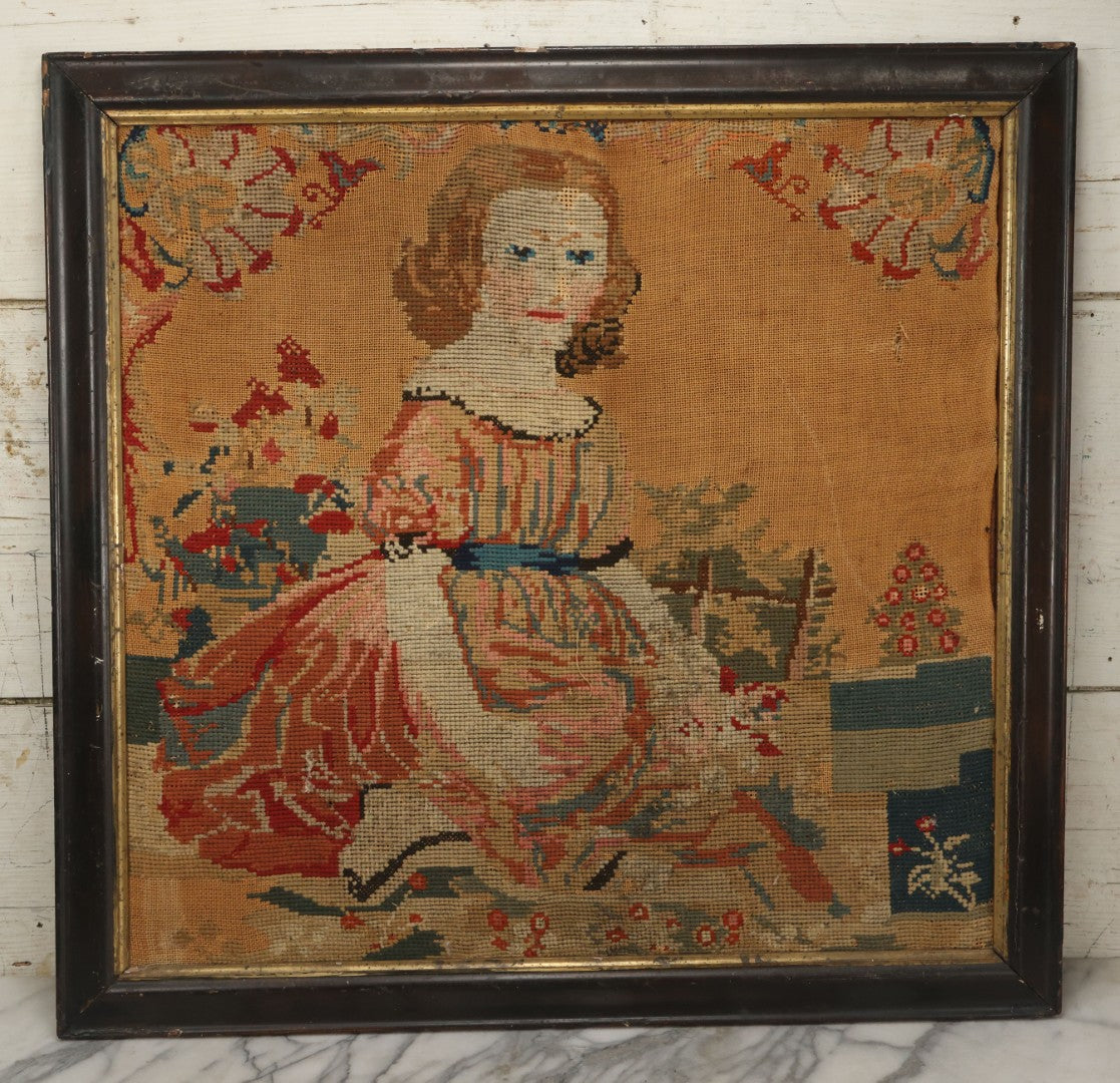 Lot 003 - Large Antique Mid-19th Century Needlepoint Sampler Of A Young Girl In A Pink Dress At Play, Note Wear, Losses, 28-1/4" x 24-1/4"