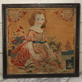 Lot 003 - Large Antique Mid-19th Century Needlepoint Sampler Of A Young Girl In A Pink Dress At Play, Note Wear, Losses, 28-1/4" x 24-1/4"