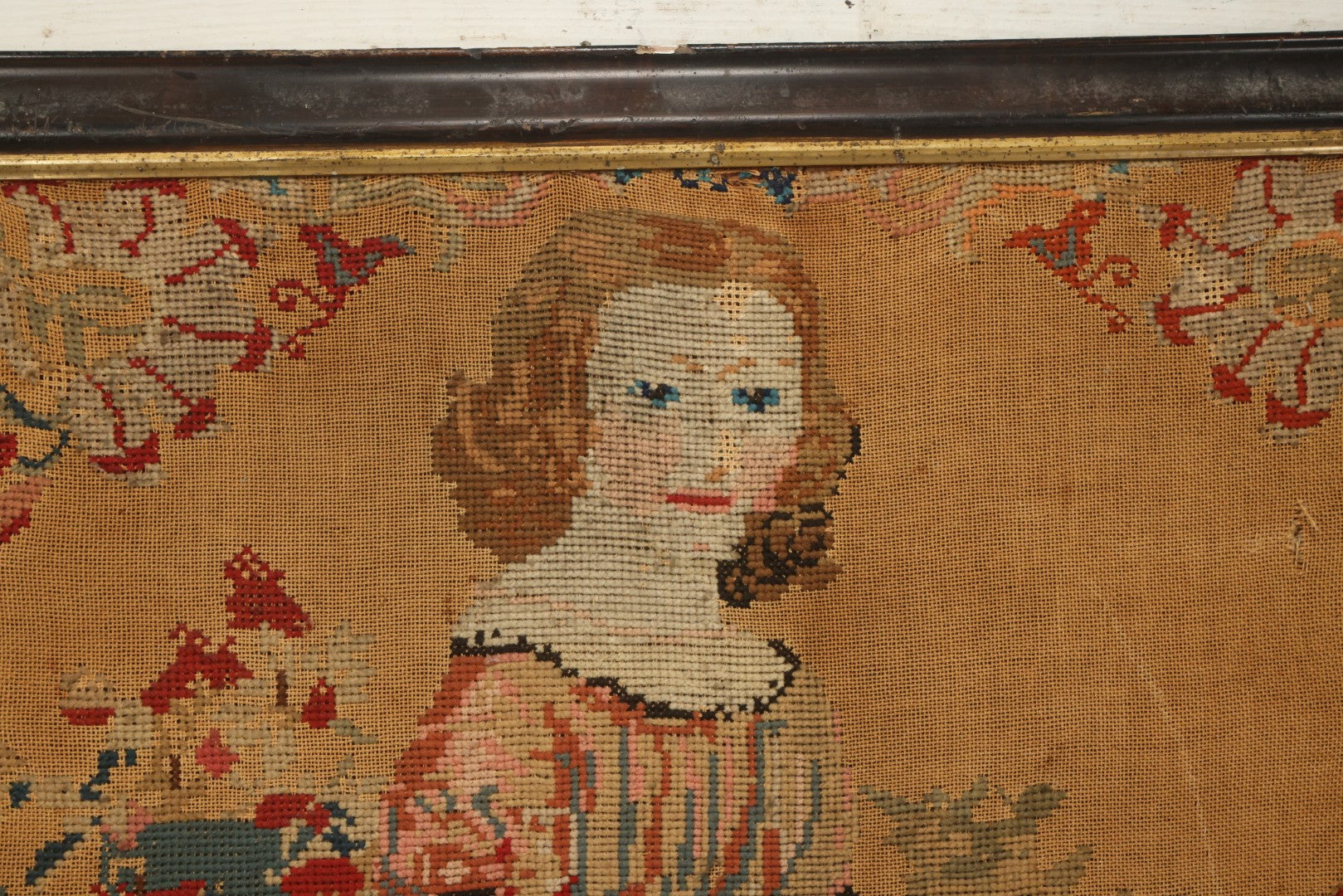 Lot 003 - Large Antique Mid-19th Century Needlepoint Sampler Of A Young Girl In A Pink Dress At Play, Note Wear, Losses, 28-1/4" x 24-1/4"