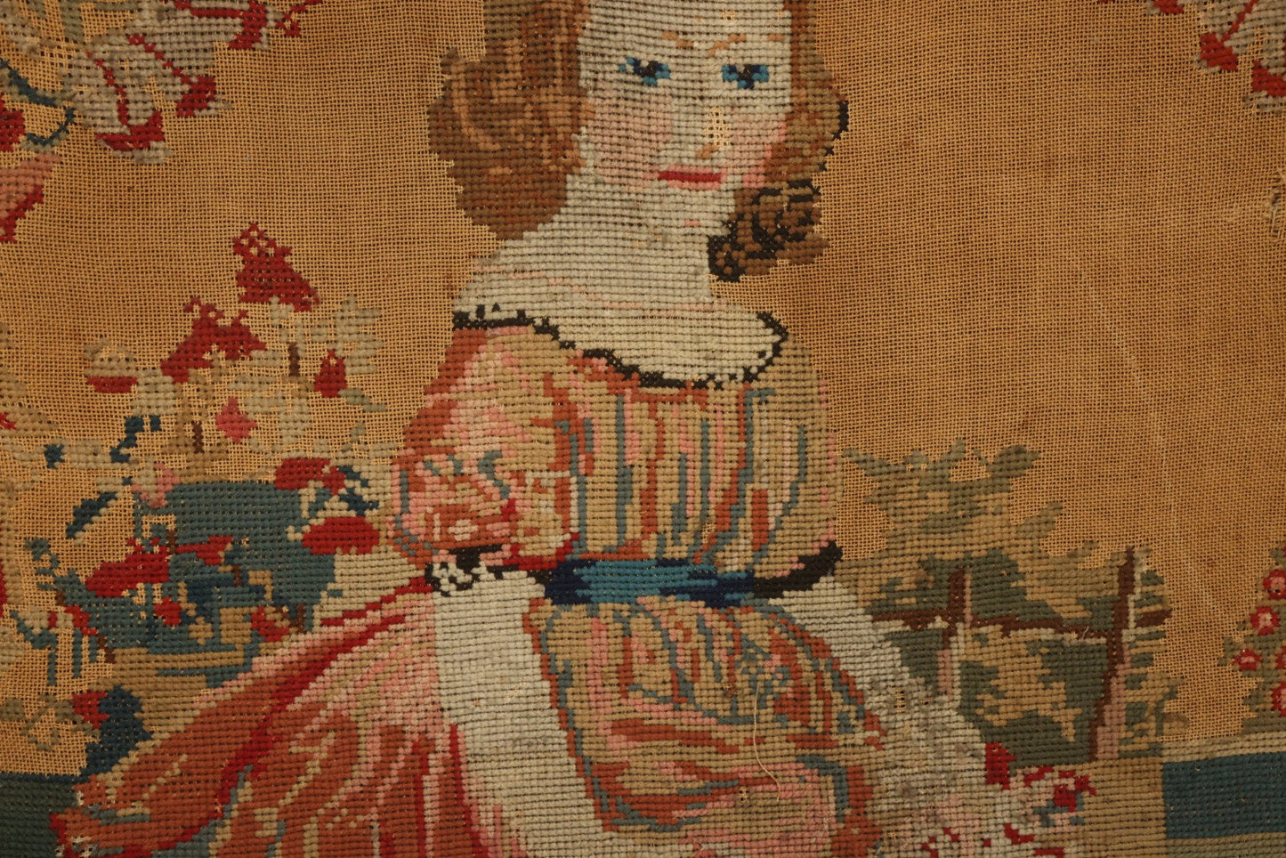 Lot 003 - Large Antique Mid-19th Century Needlepoint Sampler Of A Young Girl In A Pink Dress At Play, Note Wear, Losses, 28-1/4" x 24-1/4"