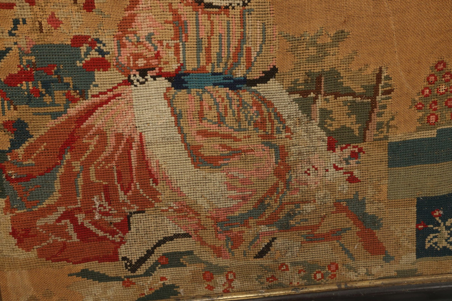 Lot 003 - Large Antique Mid-19th Century Needlepoint Sampler Of A Young Girl In A Pink Dress At Play, Note Wear, Losses, 28-1/4" x 24-1/4"