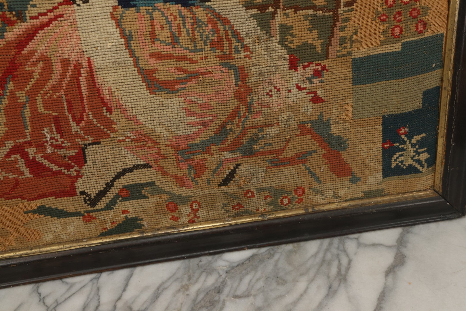 Lot 003 - Large Antique Mid-19th Century Needlepoint Sampler Of A Young Girl In A Pink Dress At Play, Note Wear, Losses, 28-1/4" x 24-1/4"