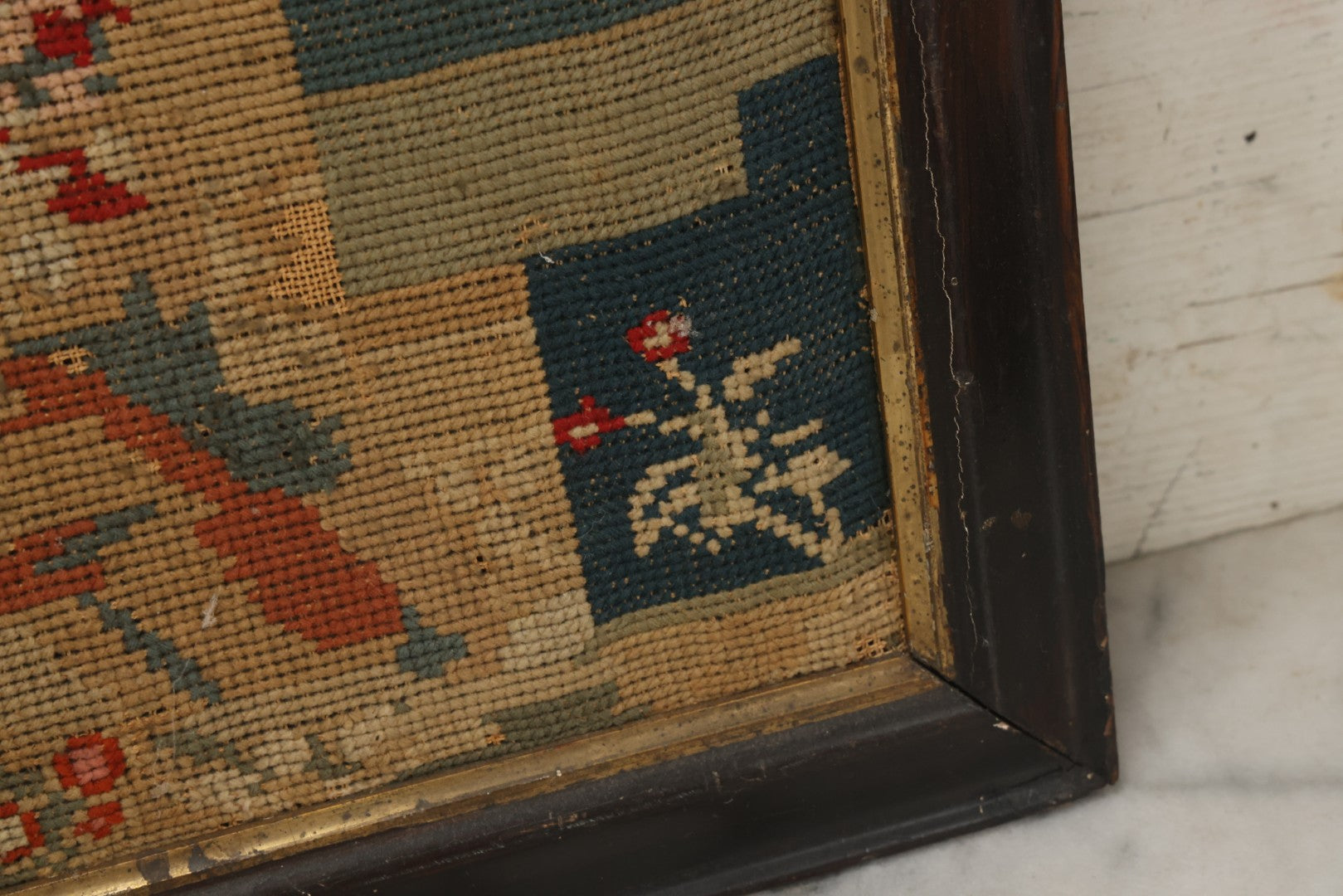 Lot 003 - Large Antique Mid-19th Century Needlepoint Sampler Of A Young Girl In A Pink Dress At Play, Note Wear, Losses, 28-1/4" x 24-1/4"