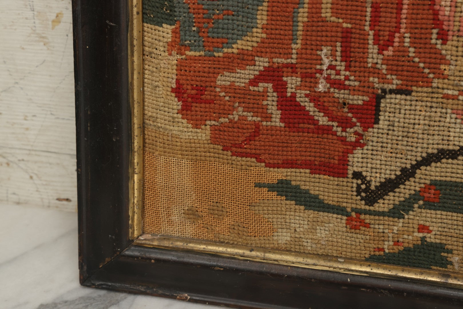 Lot 003 - Large Antique Mid-19th Century Needlepoint Sampler Of A Young Girl In A Pink Dress At Play, Note Wear, Losses, 28-1/4" x 24-1/4"