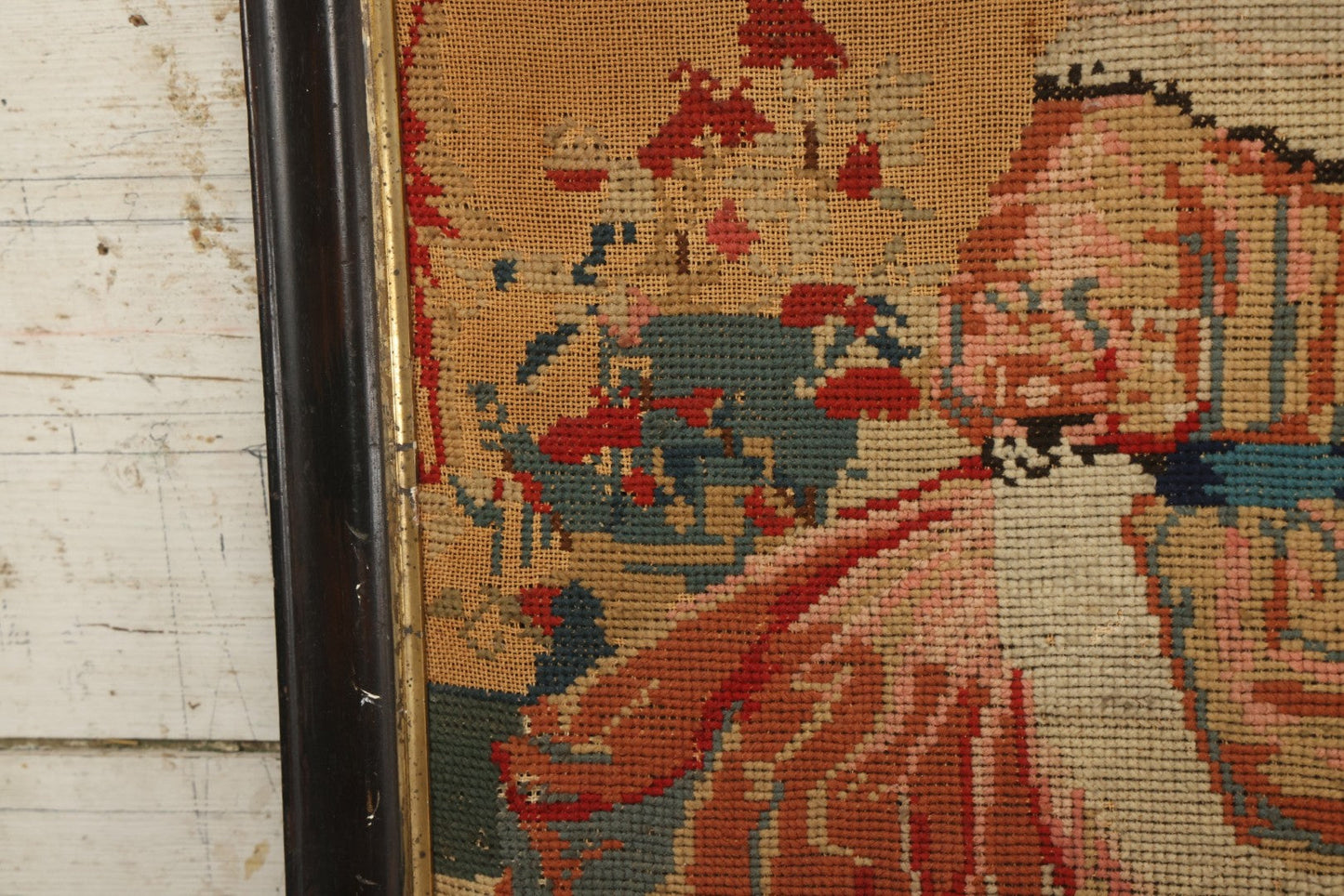 Lot 003 - Large Antique Mid-19th Century Needlepoint Sampler Of A Young Girl In A Pink Dress At Play, Note Wear, Losses, 28-1/4" x 24-1/4"