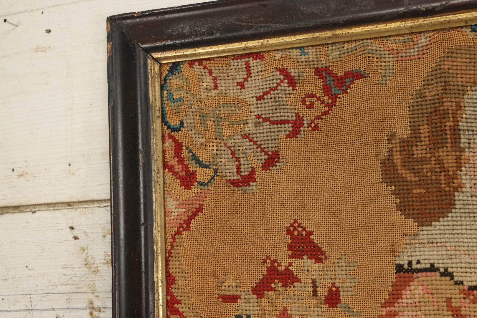 Lot 003 - Large Antique Mid-19th Century Needlepoint Sampler Of A Young Girl In A Pink Dress At Play, Note Wear, Losses, 28-1/4" x 24-1/4"