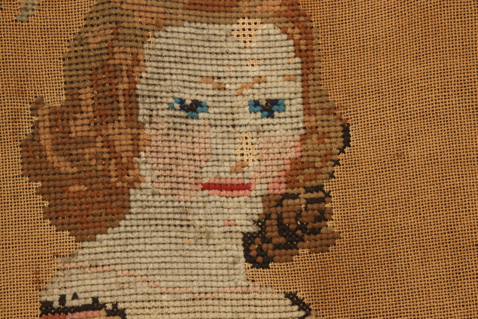 Lot 003 - Large Antique Mid-19th Century Needlepoint Sampler Of A Young Girl In A Pink Dress At Play, Note Wear, Losses, 28-1/4" x 24-1/4"