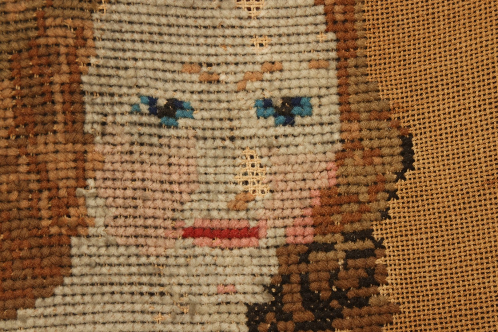 Lot 003 - Large Antique Mid-19th Century Needlepoint Sampler Of A Young Girl In A Pink Dress At Play, Note Wear, Losses, 28-1/4" x 24-1/4"