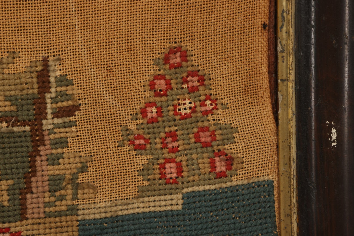 Lot 003 - Large Antique Mid-19th Century Needlepoint Sampler Of A Young Girl In A Pink Dress At Play, Note Wear, Losses, 28-1/4" x 24-1/4"