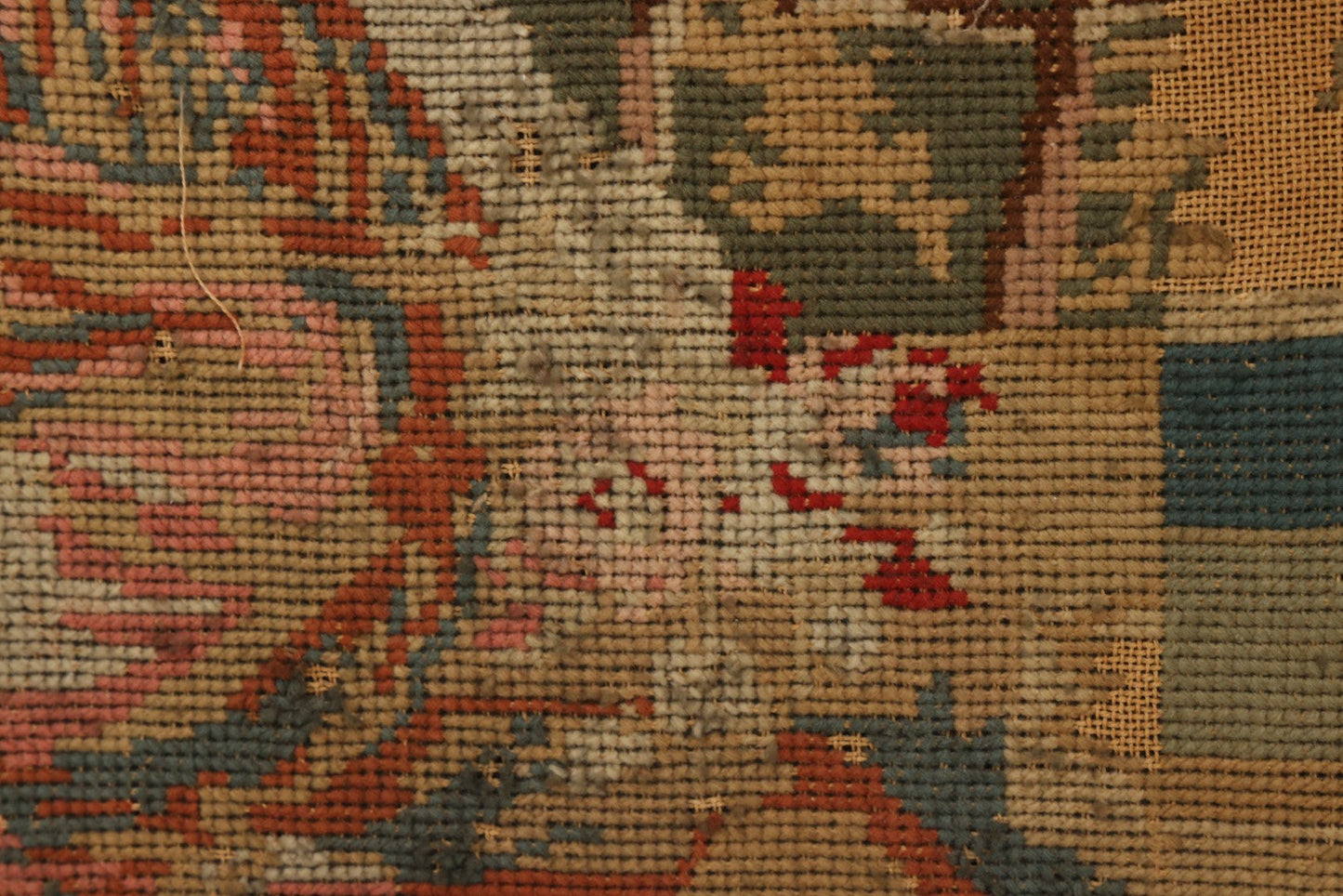 Lot 003 - Large Antique Mid-19th Century Needlepoint Sampler Of A Young Girl In A Pink Dress At Play, Note Wear, Losses, 28-1/4" x 24-1/4"