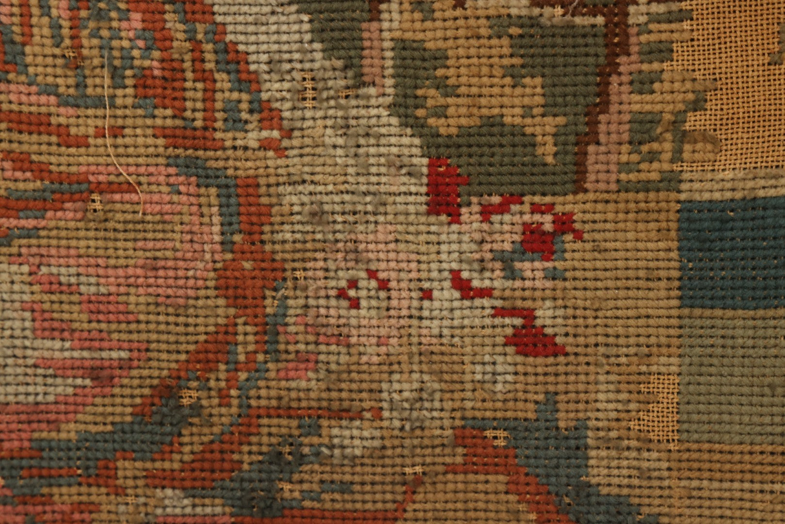 Lot 003 - Large Antique Mid-19th Century Needlepoint Sampler Of A Young Girl In A Pink Dress At Play, Note Wear, Losses, 28-1/4" x 24-1/4"