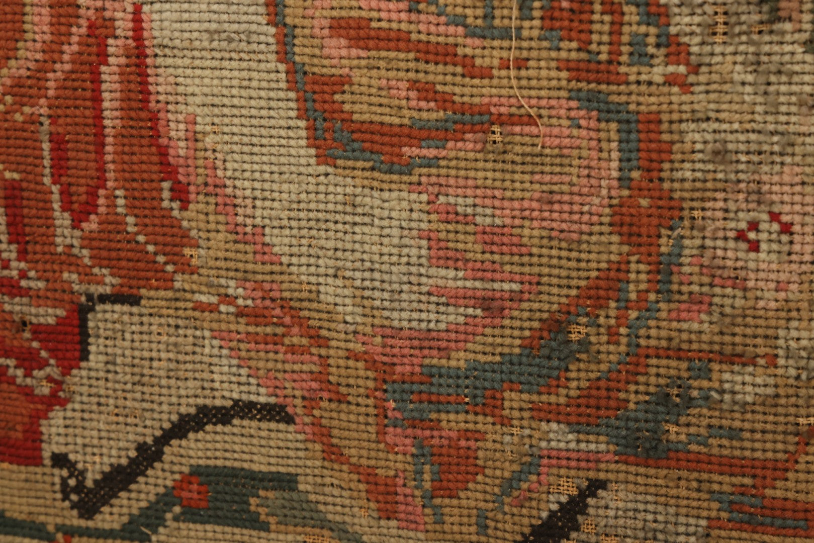 Lot 003 - Large Antique Mid-19th Century Needlepoint Sampler Of A Young Girl In A Pink Dress At Play, Note Wear, Losses, 28-1/4" x 24-1/4"